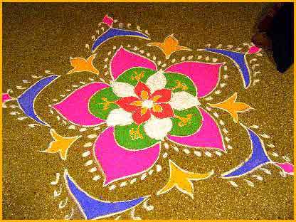 Rangoli designs are usually taken from nature. Peacocks, swans, mango and 